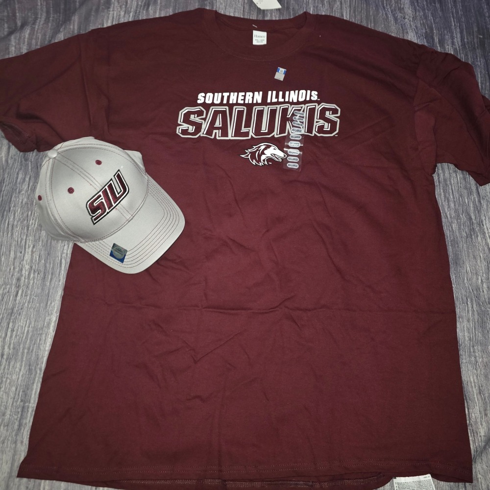 Hanes Southern Illinois Salukis Shirt and Hat Bundle Mens XXL Maroon Gray NEW